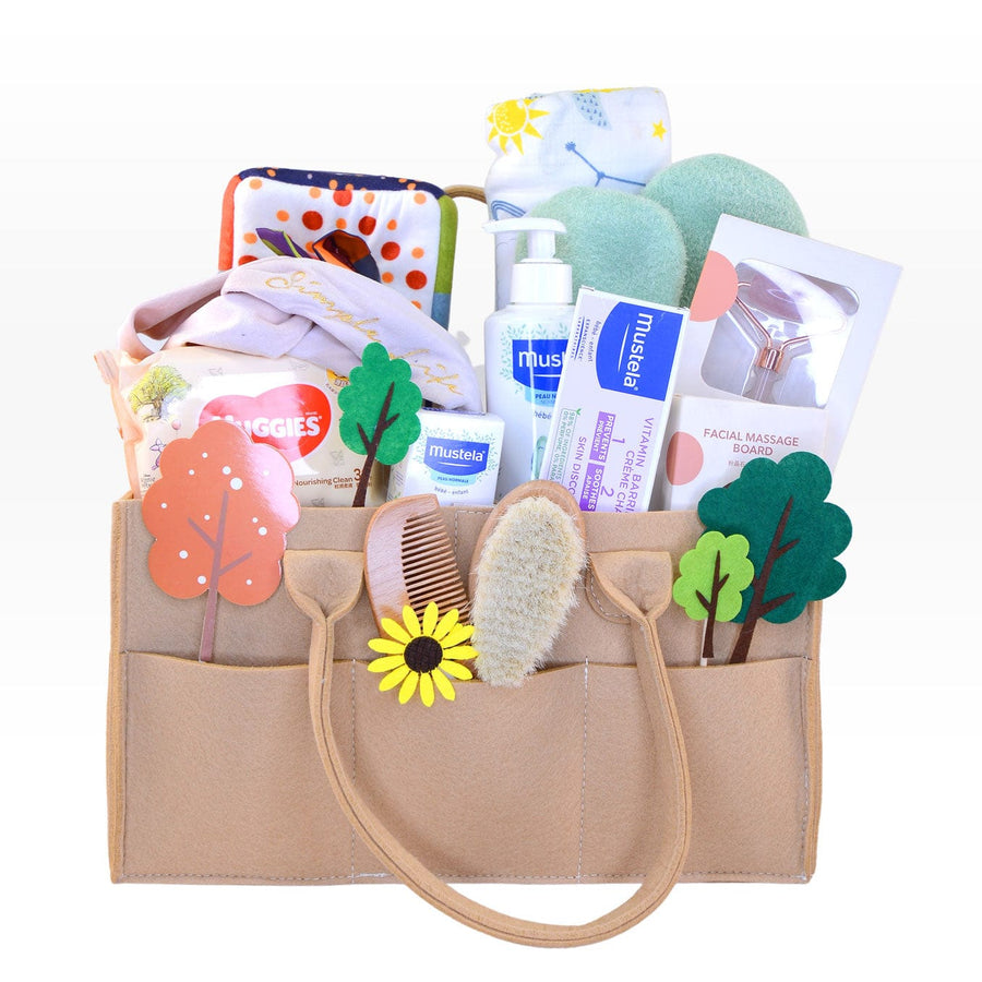 ESSENTIALS MOTHER AND BABY GIFT BAG HAMPER｜Boxed Muslin｜Barrier Cream｜Cleansing Gel｜Facial Cream｜Tissue Box Toys｜Hair Brush Set｜Velvet Makeup Headband｜Clean Wipes｜百寶母嬰禮物袋禮籃｜袋裝紗巾｜護膚膏｜髮膚沐浴啫喱｜水份潤面霜｜紙巾盒玩具｜木制髮刷套裝｜絲絨化妝束髮帶｜免費心意卡