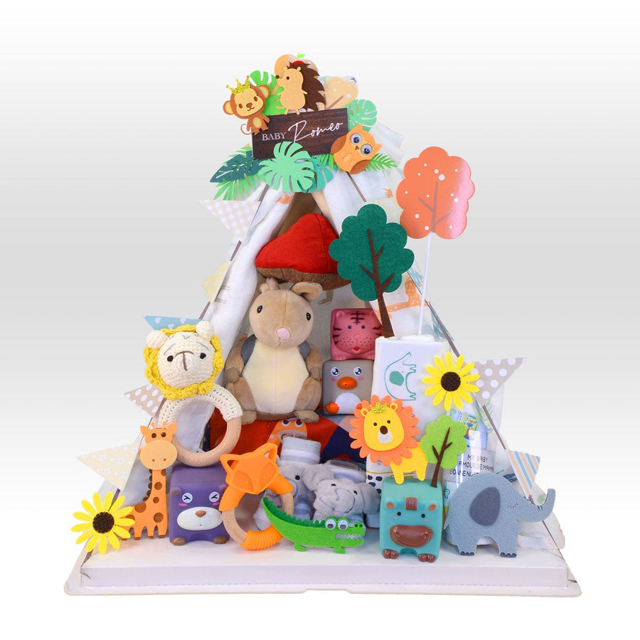 ADVENTUROUS ZOO BABY TENT HAMPER｜Tent Decor｜Boxed Muslin (Single Wrap)｜Handmade Knit Animals Rattlesocks｜Baby socks｜Romper｜Animals Soft Building Blocks｜Bib｜探險動物園嬰兒帳篷禮籃｜帳篷裝飾｜袋裝紗巾｜手工編織動物搖鈴｜初生嬰兒造型襪｜嬰兒連身衣｜動物造型軟積木｜口水肩