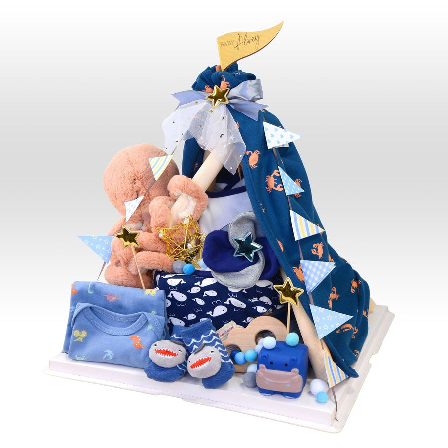 VWOWGIFTS OCEAN BREEZE TENT BABY DIAPER CAKE hamper.