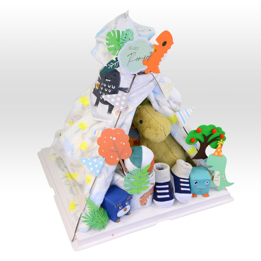 DINOSAUR-THEMED TENT BABY GIFT HAMPER｜Tent Decor｜Bashful Dino｜Baby Knit Blanket｜Building Blocks Toy｜Baby Triangle Bibs｜Romper｜Complimentary Message Card｜恐龍主題帳幕嬰兒禮籃｜帳篷裝飾｜害羞恐龍｜嬰兒針織毯子｜布料積木玩具｜嬰兒三角巾｜嬰兒連身衣｜免費心意卡