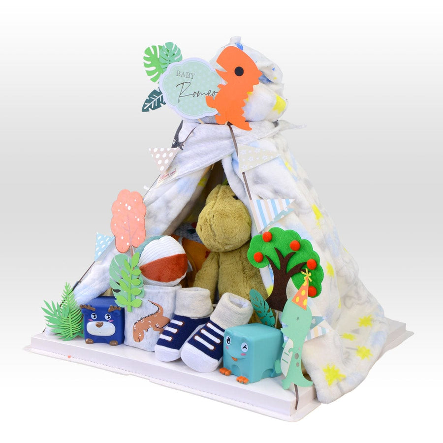 DINOSAUR-THEMED TENT BABY GIFT HAMPER｜Tent Decor｜Bashful Dino｜Baby Knit Blanket｜Building Blocks Toy｜Baby Triangle Bibs｜Romper｜Complimentary Message Card｜恐龍主題帳幕嬰兒禮籃｜帳篷裝飾｜害羞恐龍｜嬰兒針織毯子｜布料積木玩具｜嬰兒三角巾｜嬰兒連身衣｜免費心意卡