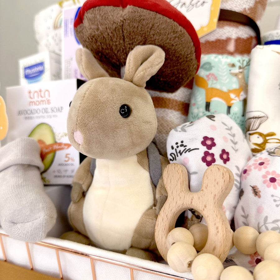 COSY BABY HAMPER｜Fungi Forager Bunny｜Wooden Animals Rattle Teether｜舒適嬰兒禮籃｜採蘑菇小兔子｜木製動物搖鈴牙膠